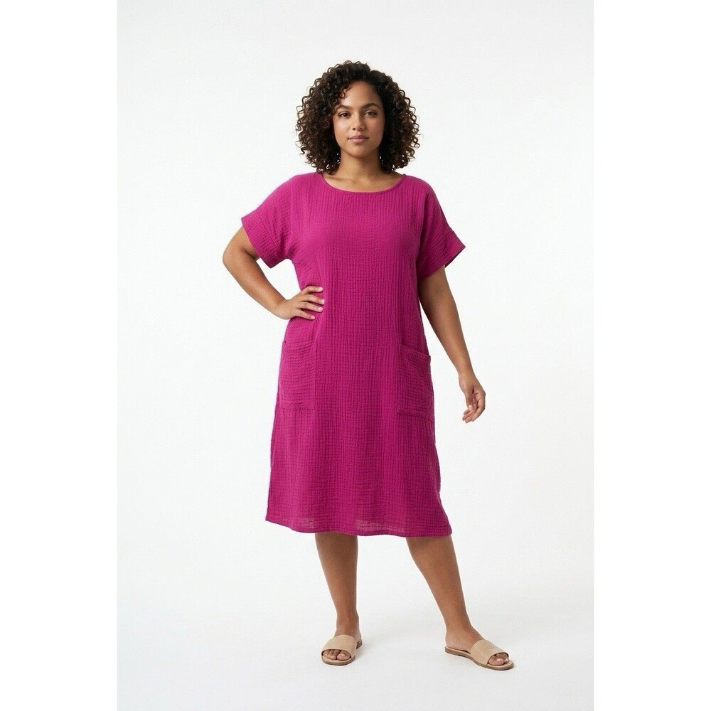 Eileen Fisher Cerise Organic Cotton Gauze Midi Dress Medium